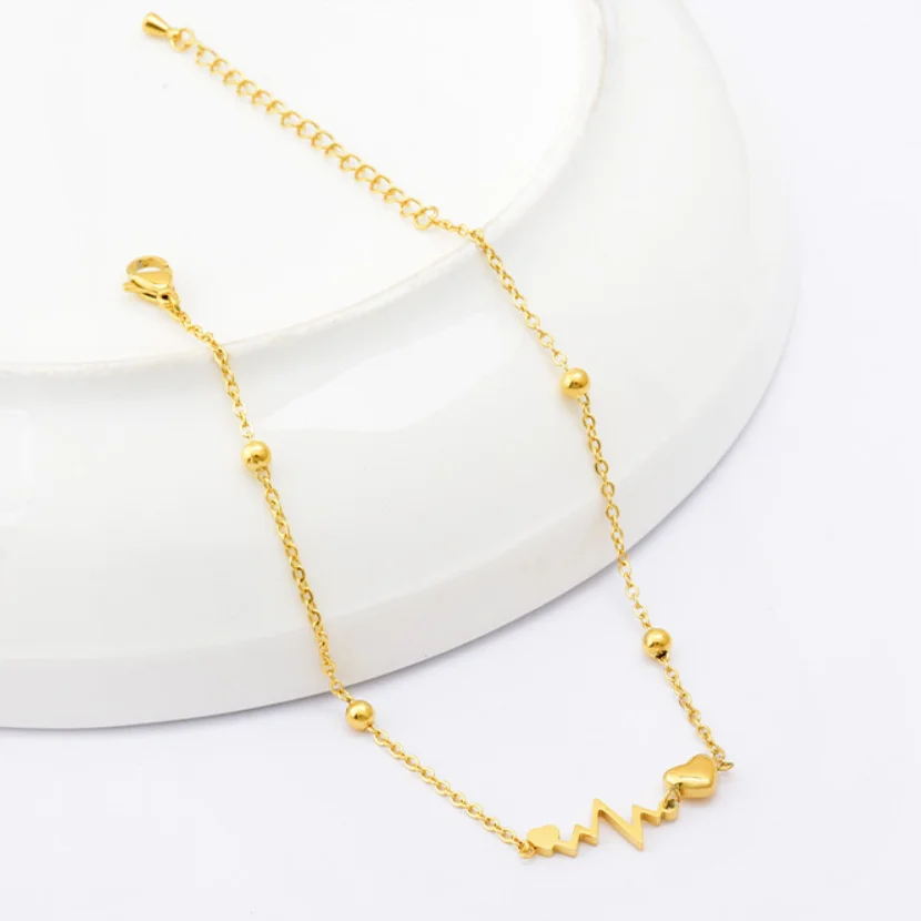 316L Stainless Steel New Fashion High-end Jewelry Beaded Love Heart Heartbeat Shape Charm Chain  Anklet For Women Tobilleras