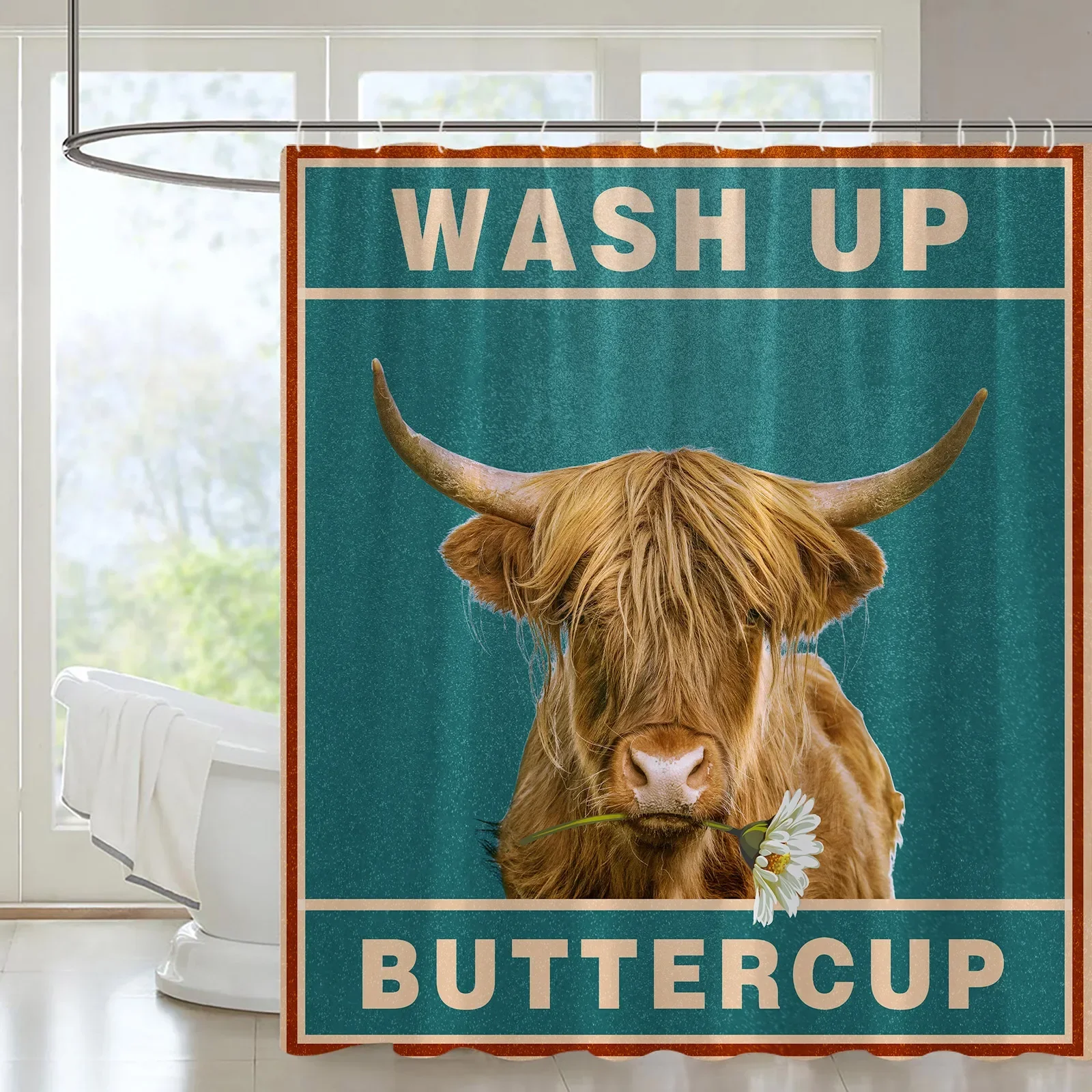 Farm Cow Bathroom Shower Curtains Longhorn Highland Cattle Farmhouse Sunflower Plant Flower Retro Bath Decoration Cloth Curtains