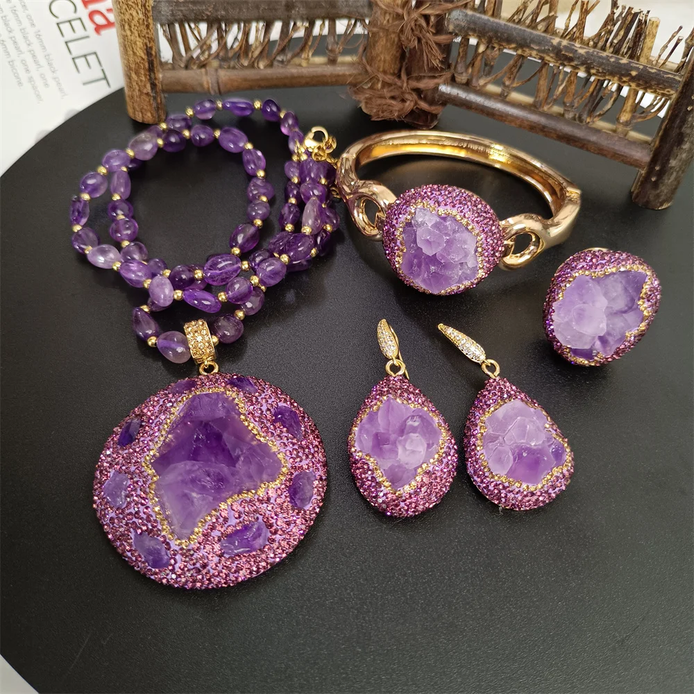 Natural Irregular amethyst Original Stone Pendant Women's Necklace Set Noble Luxury Fashion Personality Lady Wedding Jewelry