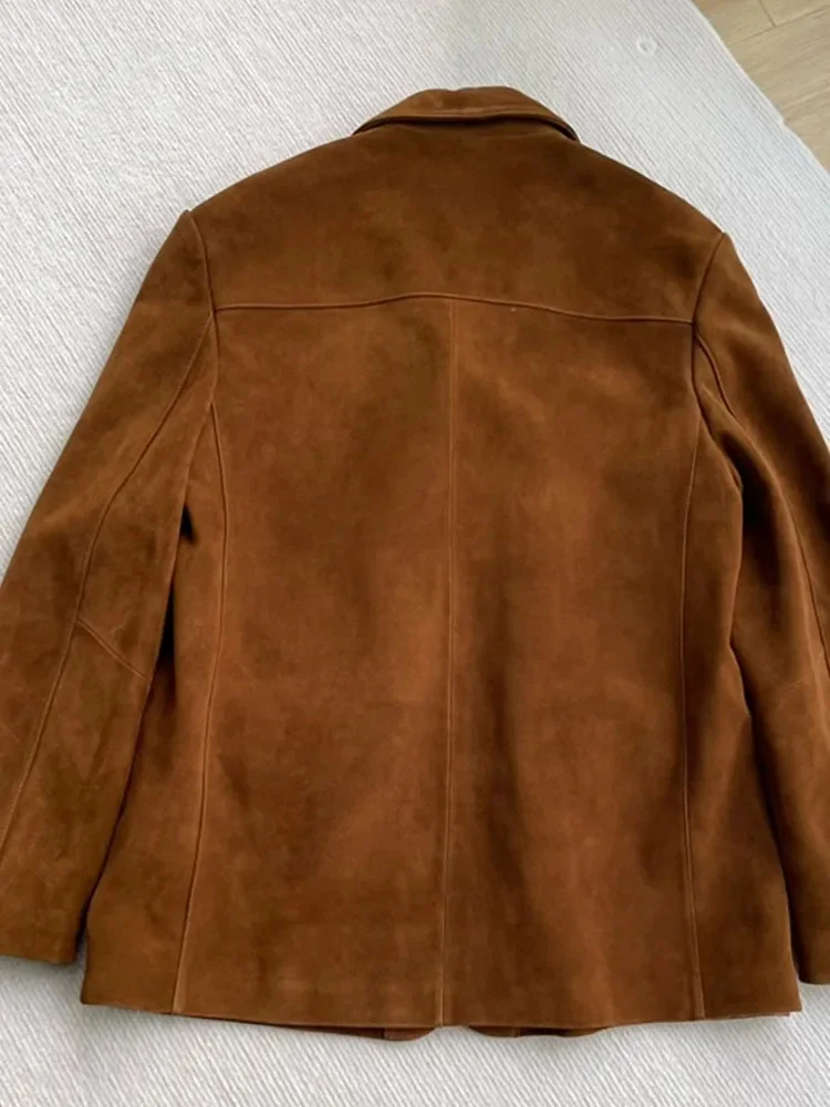 Blazer de ante de oveja Real para mujer, chaqueta de traje de cuero genuino de un solo pecho para mujer, abrigo de oficina, ropa de abrigo Retro,