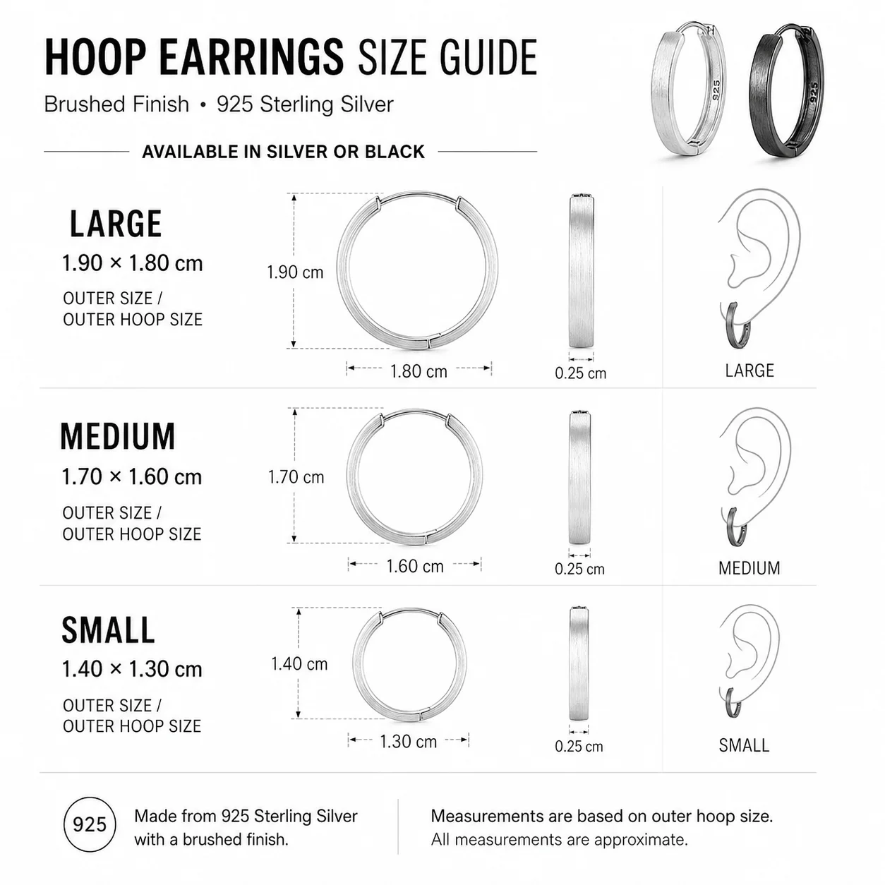 925 スターリングシルバーフープイヤリング女性男性用ブラッ - Statement Earrings Oversized のレビューと価格