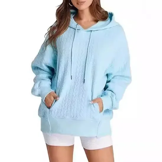 Women's New Autumn and Winter Fashion Hooded Jacquard Twist Knit Hoodie, Solid Color Loose Hooded Pullover Sweater with Pockets