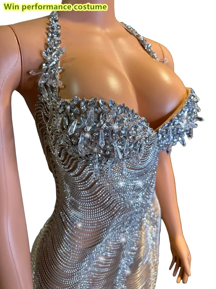 Bar Singer Stage Party Performance Clothing Luxury Heavy Industry Full Diamond Chain Hanging Neck Open Back Dress