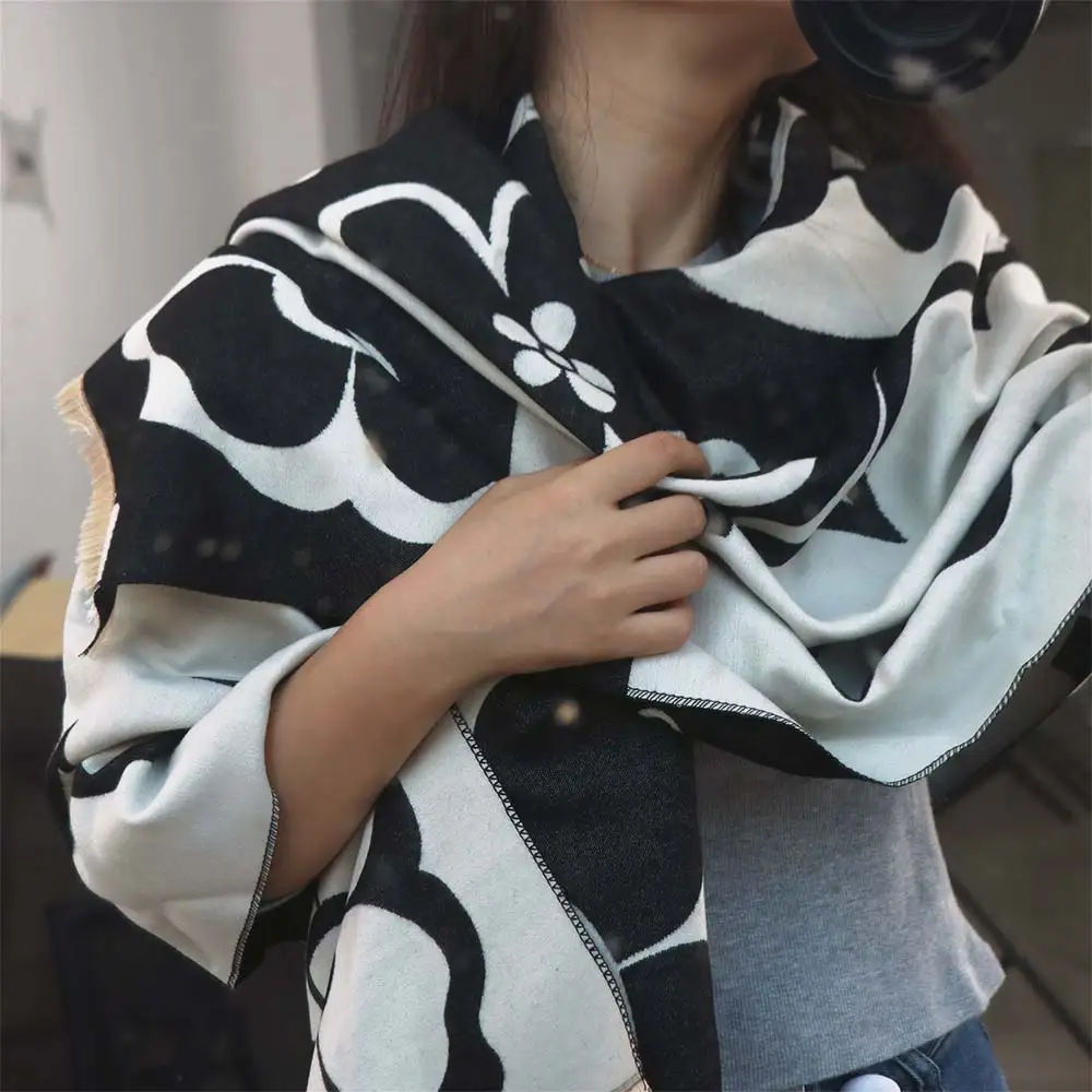

Шарф с принтом камелии, черно-белый цветок, зимние кашемировые шарфы, шарфы в корейском стиле, теплая большая шерстяная шаль, осень-зима