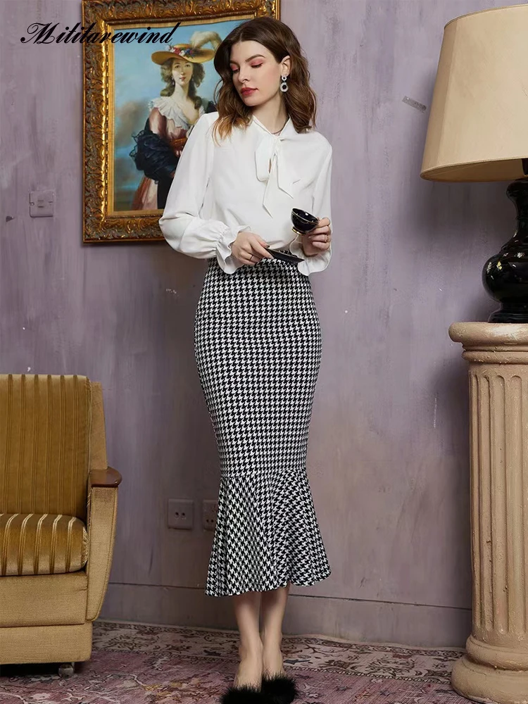 

Spring Autumn Houndstooth Skirt Women High Waist Slim Fit Mermaid Skirt Office Lady Elegant Wrap Hip Long Pencil Skirts Women