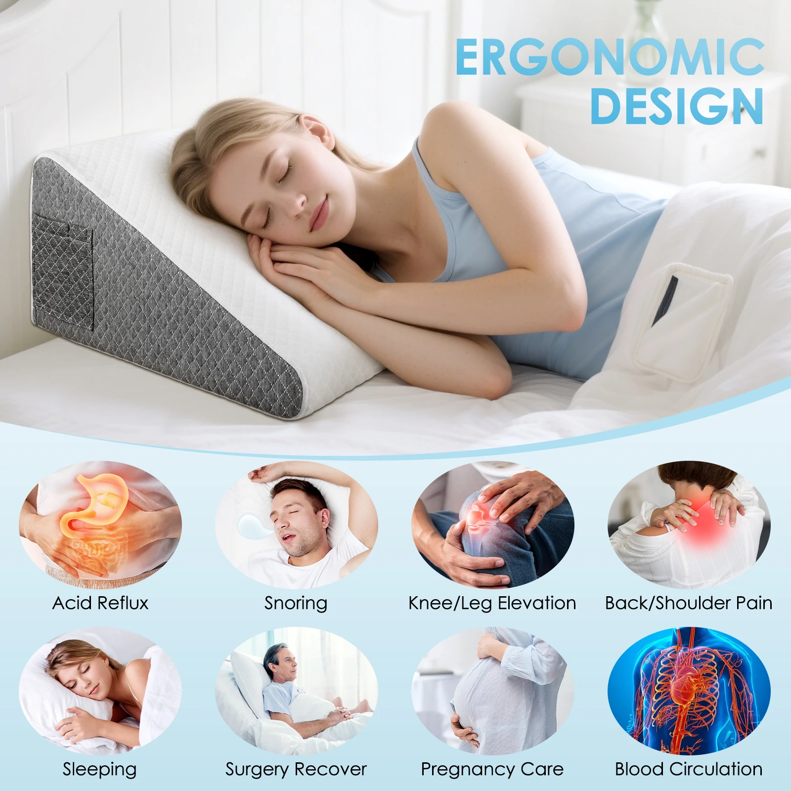 Memory Foam Triangle Pillow Bed Wedge Pillow for Sleep Apnea, Acid Reflux, Snoring, 12Inch Leg Elevation, Back Support