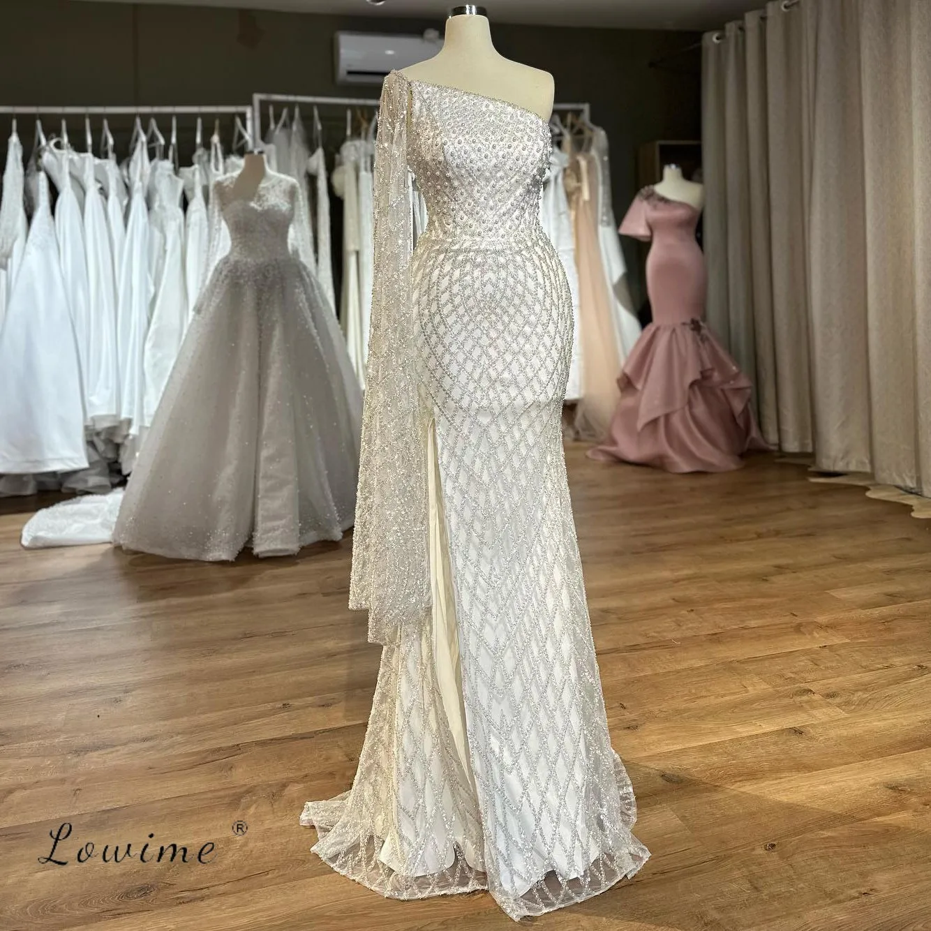 

Elegant One Shoulder Long Evening Dress Crystal Beading Side Split Party Cocktail Dress Customized
