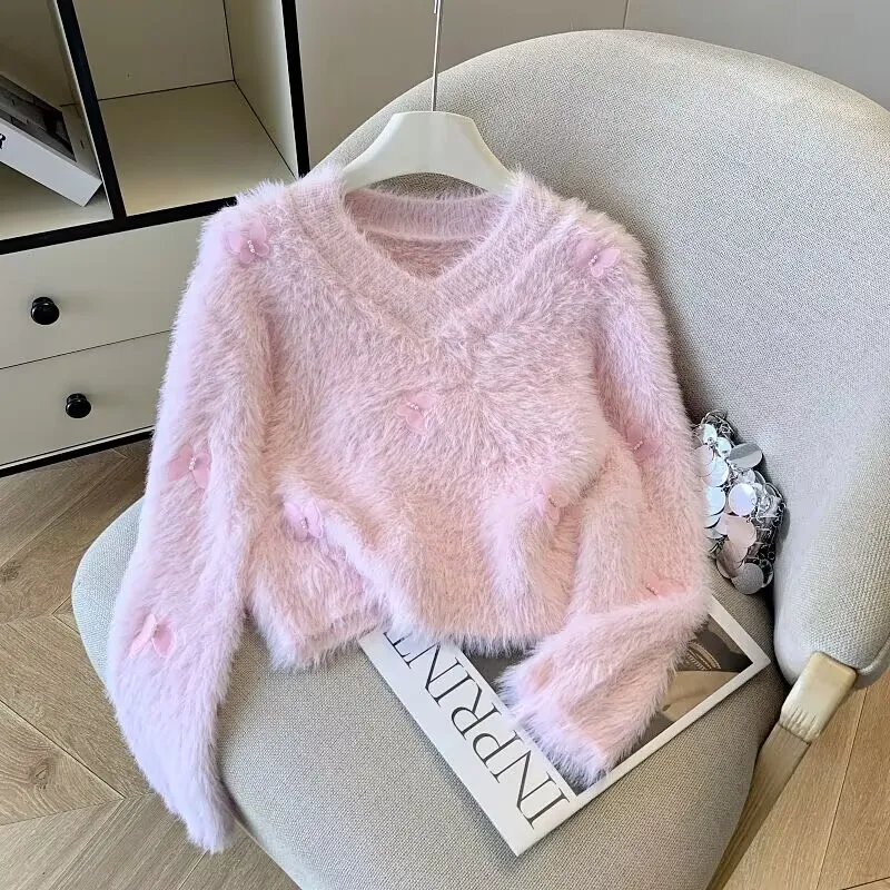 سترة محبوكة مخملية بيضاء ort V-Ne للتخسيس طبقة أساسية للنساء وصل حديثًا لخريف 2025 ألياف بوليستر 00%