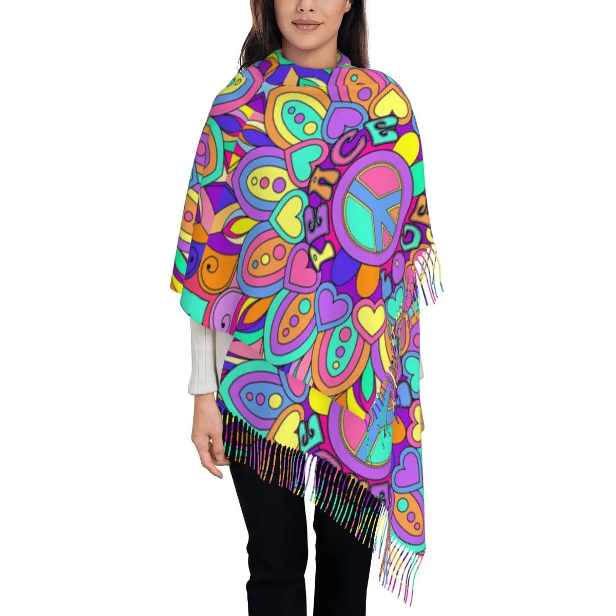Peace Foral Love Pattern Scarf for Womens Winter Fall Shawl Wrap Mysterious Large Scarves with Tassel for Daily Wear