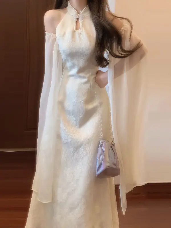 

New Chinese Style Beautiful Unique Fairy White Moonlight Summer 2026 Midi Dress Pure Color Shoulder Bared Waist Shaped