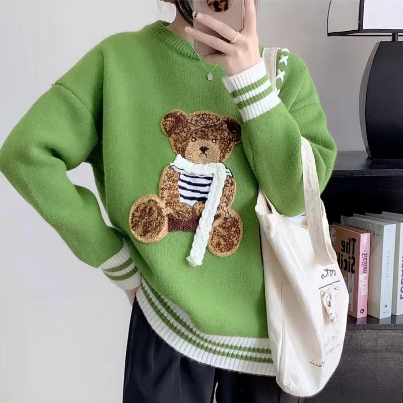 Y2K Sweet Cute Bear Embroidery Sweater for Girls American Cartoon Kawaii Hoodies Coat Loose O-neck Winter Pullover Long Sleeve