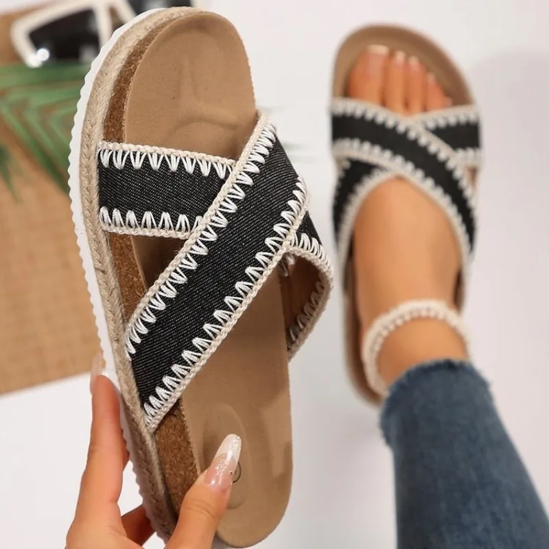 Chic Women'S Linen Sandals with Cross Straps | Sturdy Sole for Indoor And Outdoor Use | Year-Round Breathable House  Women Shoes