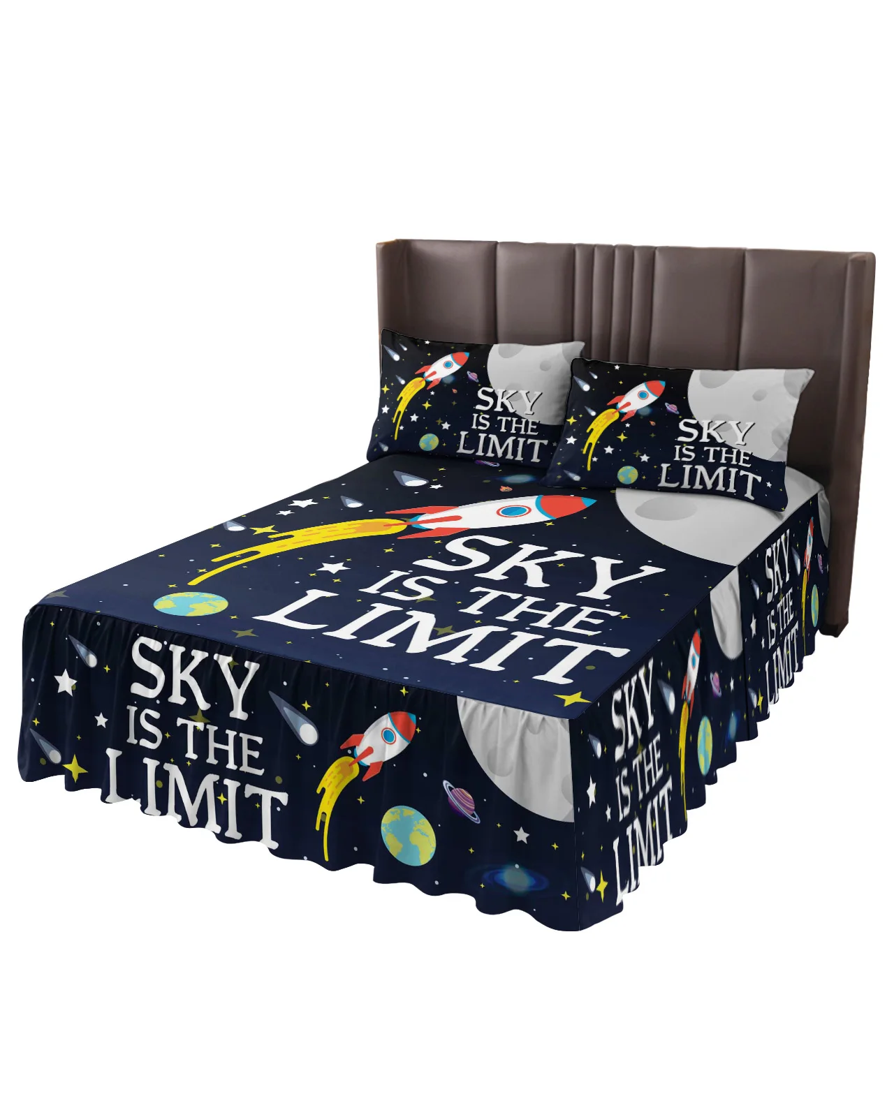 Space Universe Planet Rocket Starry Sky Bed Skirt Elastic Fitted Bedspread With Pillowcases Mattress Cover Bedding Set Bed Sheet