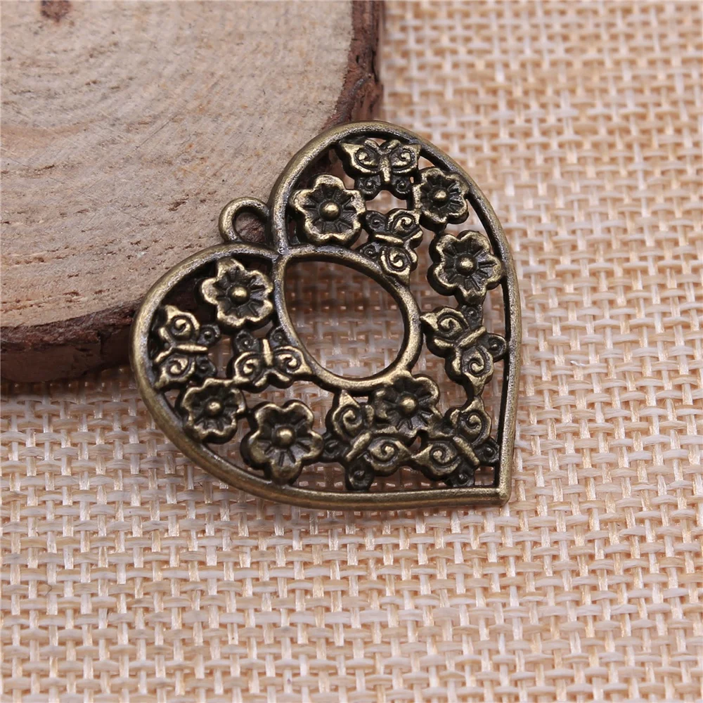 WYSIWYG 4pcs Charms Heart Flower 30x30mm Antique Making Pendant Vintage Tibetan Bronze Silver Color DIY Handmade Jewelry