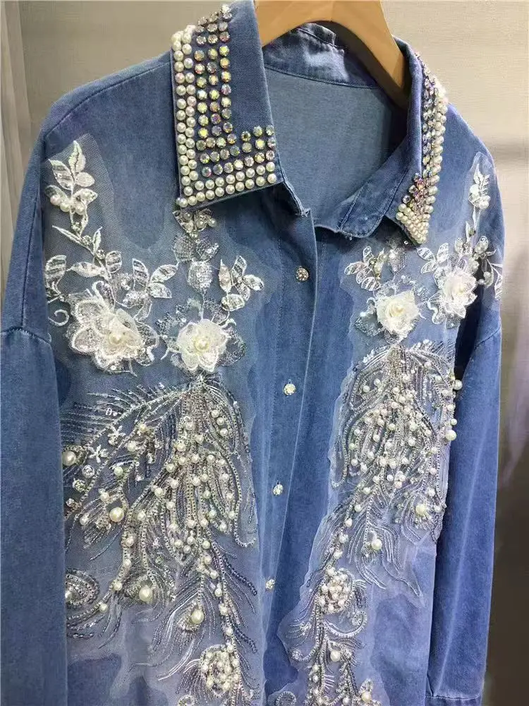 New In 2024 Autumn Sequined Diamonds Flowers Stitch Denim Shirts Woman Mid-length Single Breasted Blouses Ladies Top Blusas