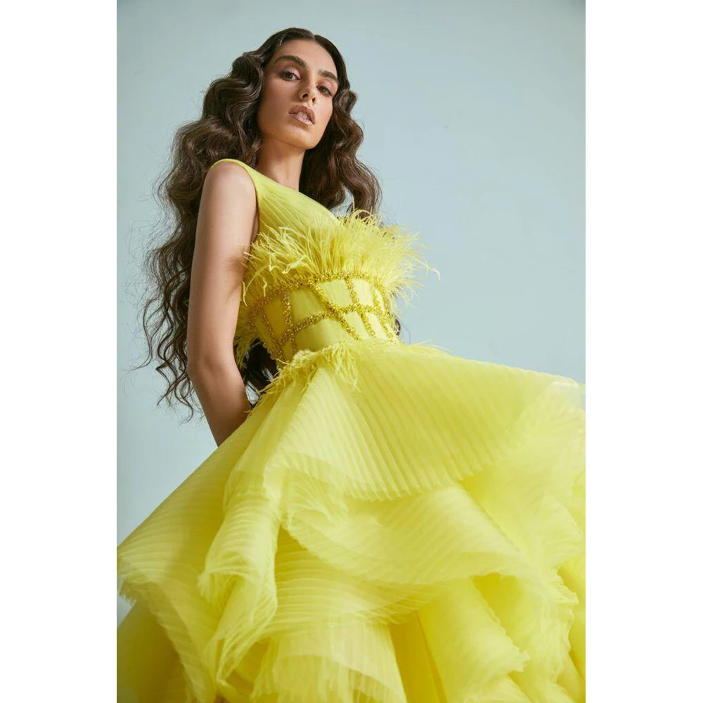 

Yellow V Neck Sleeveless Layered Evening Dress With Feather New Fashion Female Formal Banquet Party Prom Gowns