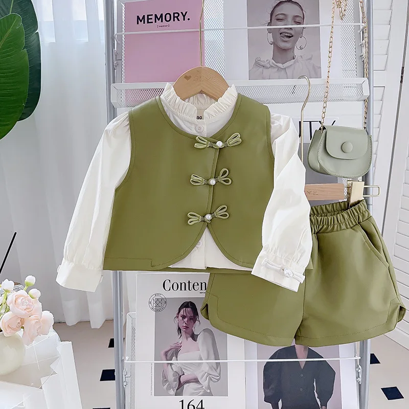 

Girls' Vest Set2025Spring and Autumn Ruffled Stand Collar Long Sleeve Shirt Vest Shorts Two-Piece Set