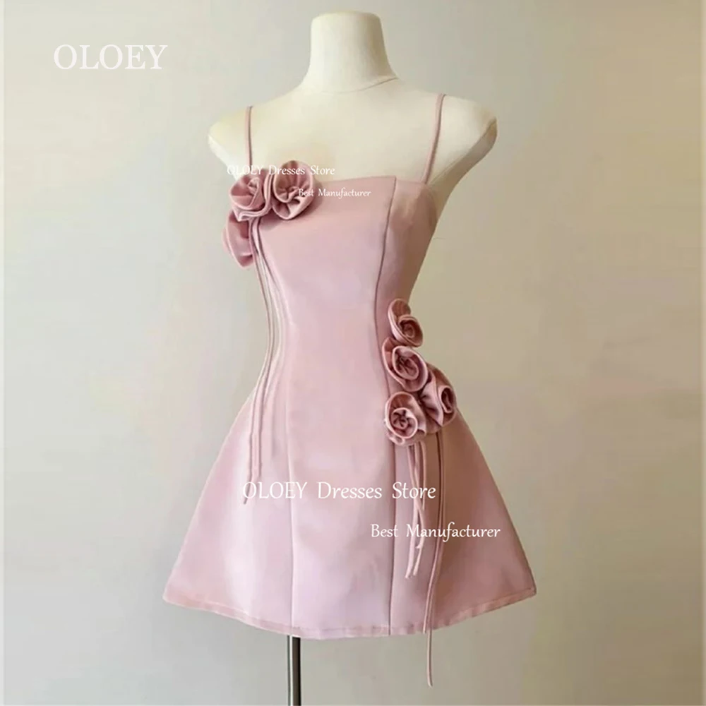 

OLOEY Elegant Satin Short Prom Cocktail Dress 3d Flowers Ribbon Party Dress Custom Evening Dress Homecoming Gown Spaghetti Strap