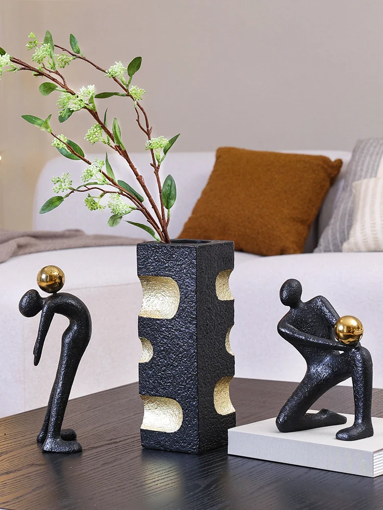 Black Gold Vase High-grade Resin Flower Arrangement Container Living Room Bookcase Character Ornaments Home Ornament