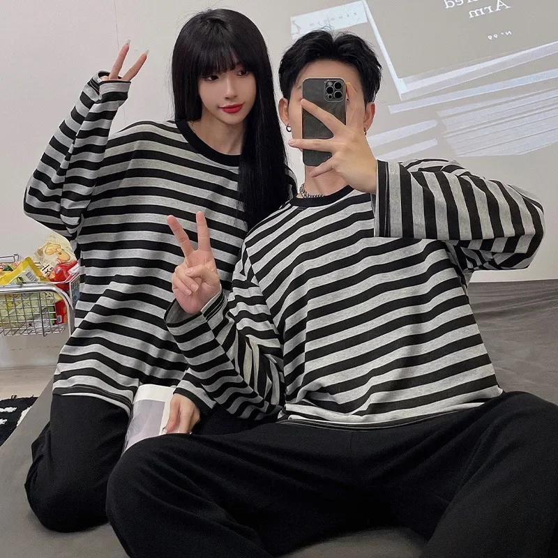 Couple pajamas spring autumn cotton long sleeves sleepwear set lovely loose thin loungewear striped women cotton pajamas men