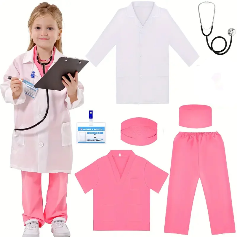 7 Uds. Traje de Cosplay de médico y enfermera para niños, bata de laboratorio blanca para niño y niña, uniformes con accesorios, vestido médico para regalo de Navidad y Halloween