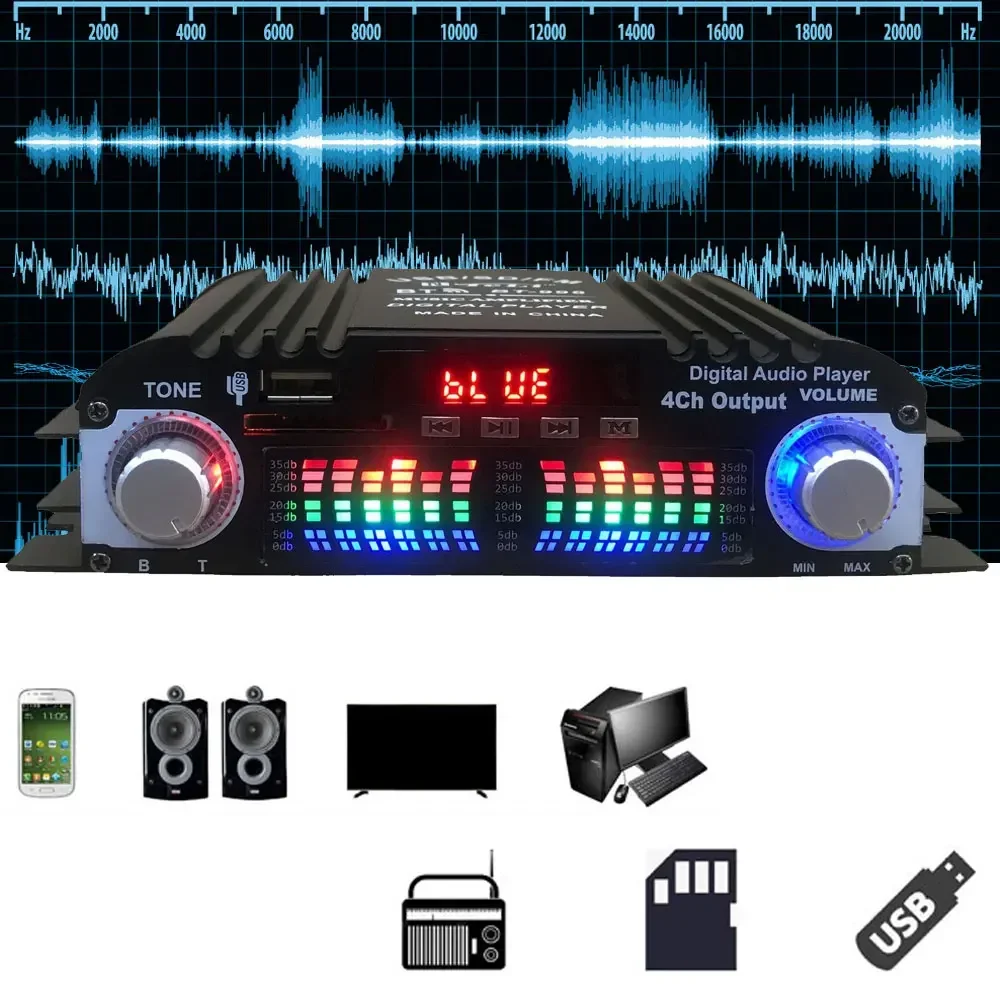 HiFi مكبر صوت رقمي ذو 4 قنوات ، مضخم صوت بلوتوث ، نظام صوتي منزلي ، راديو FM ، دعم MP3 ، USB ، SD ، RCA ، تيار مستمر 12 فولت ، 3 أمبير ، 12 فولت