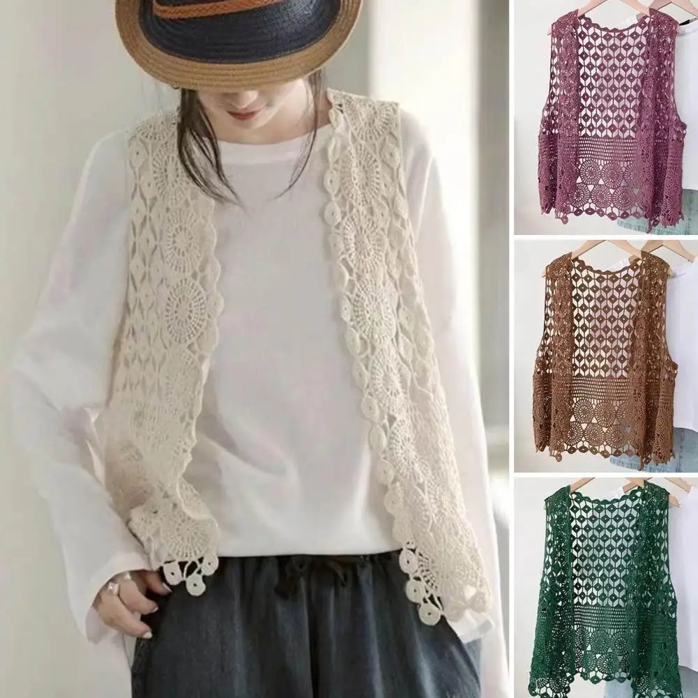 

Women's V Neck Sleeveless Summer Vest Crochet Cardigan Retro Knitted Open Stitch Vest Coat Loose Solid Color Outwear Coat Top