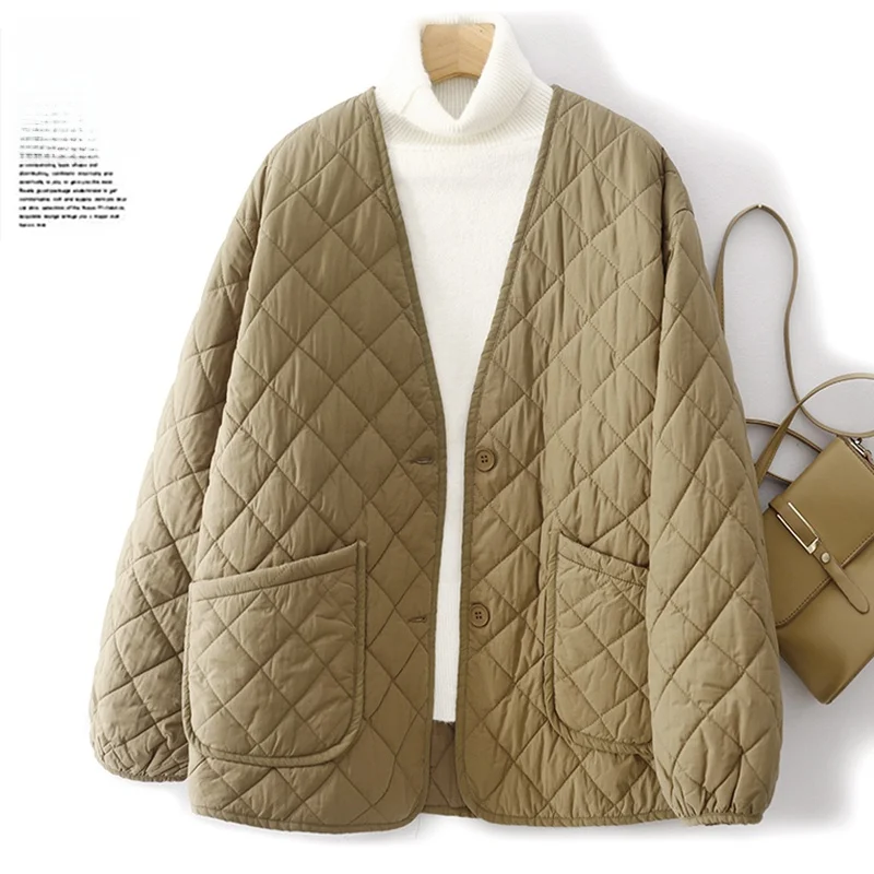 

Loose Casual V-Ne Women's Cotton Jaet Quilted Outerwear Warm Thi Long Sve Pure Color Anti-Aging Korean Sle