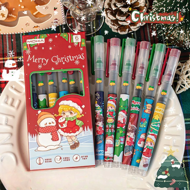 

6 шт./кор., рождественские канцелярские принадлежности, прямая жидкая шариковая ручка, студенческий рождественский подарок, быстросохнущая черная цветочная ручка, нейтральная ручка