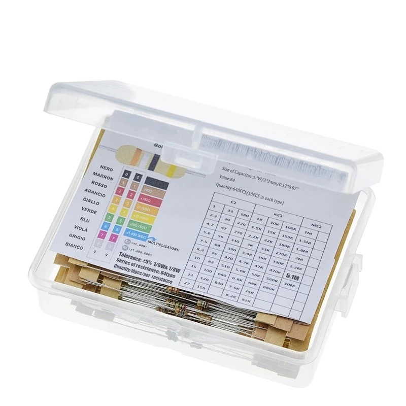 1/6W carbon film resistor pack 5% 1 ohm-10M, 10 pcs each of 64 commonly used resistance values, 640 pcs in total, boxed