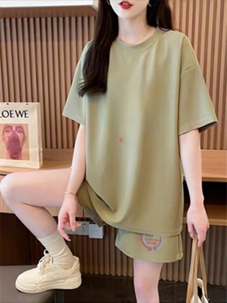 

Fashionable Casual Loose Short Sleeve Meat Concealing Summer New Style Student Sport Two-Piece Set for Little Girls