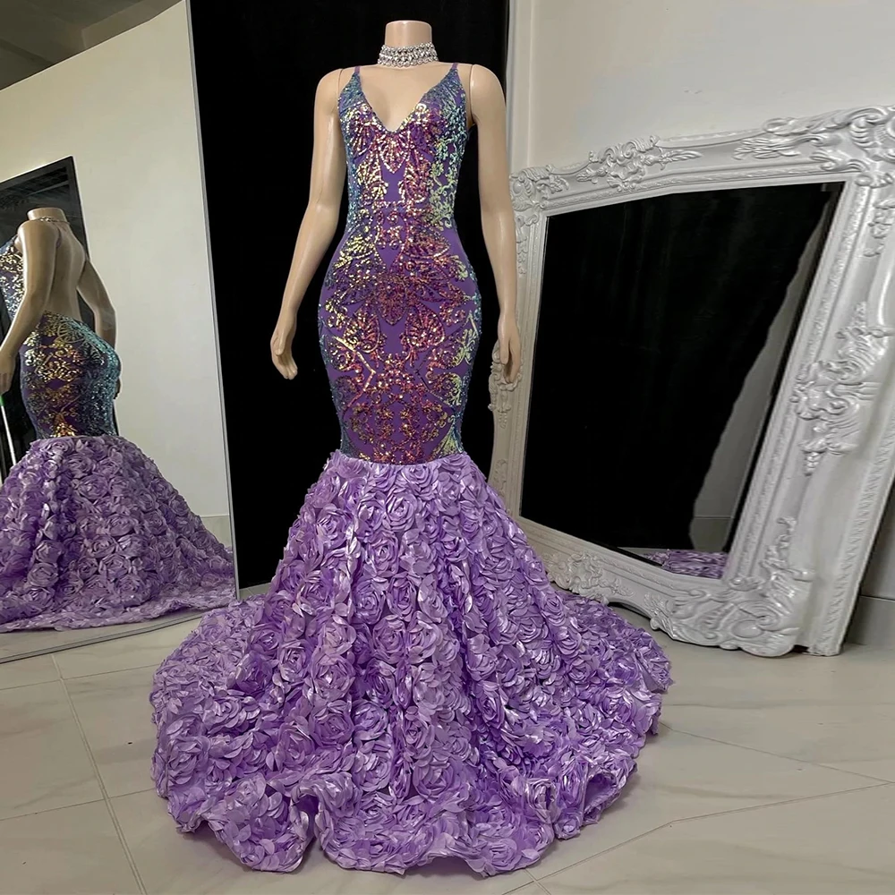 

Purple 3D Flower Evening Dress Mermaid Sleeveless Strapless Prom Gown Customized New Summer Zipper Back Sexy Backless Elegant