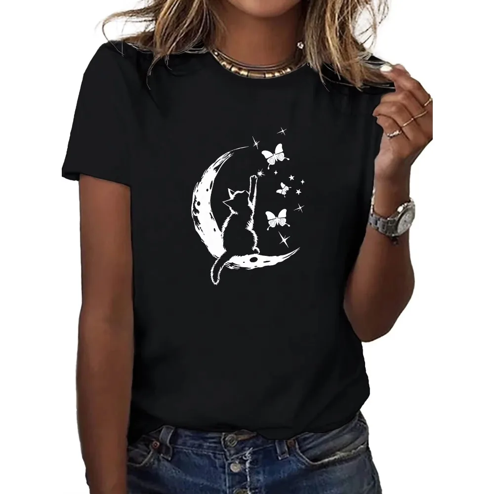 

Women's Soft T-Shirt with Stylish Cat Moon Illustration Print Comfort Fit Crew Neck Short Sleeve Casual Summer Fashion Clothing