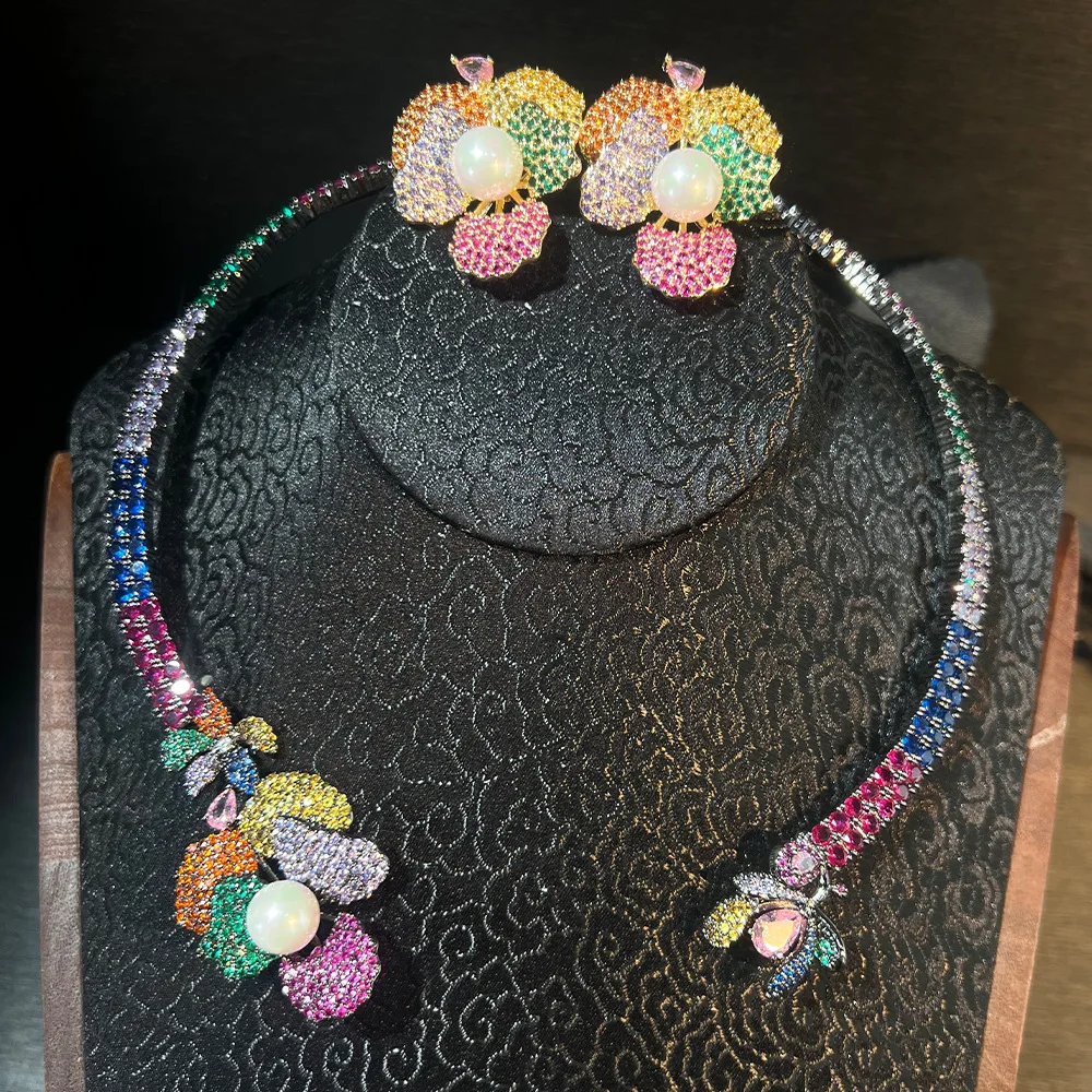 Women Pearl Colored Flower Zircon Open Necklace Stud Earrings Set 2025