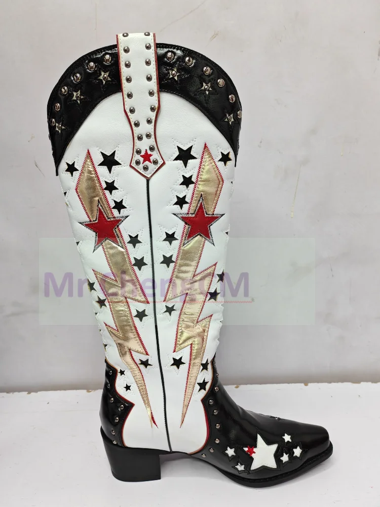 Women\'s Tall Western Cowboy Cowgirl Boots Knee High Boots Women Designer Punk Vintage Star Boots 2024 Spring New
