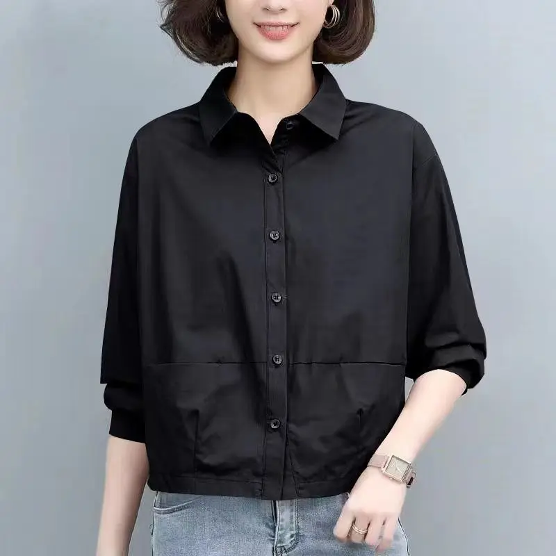 Blusa holgada con cuello vuelto para mujer, ropa sencilla con botones, informal, recta, a la moda, fina, para primavera y verano, 2023