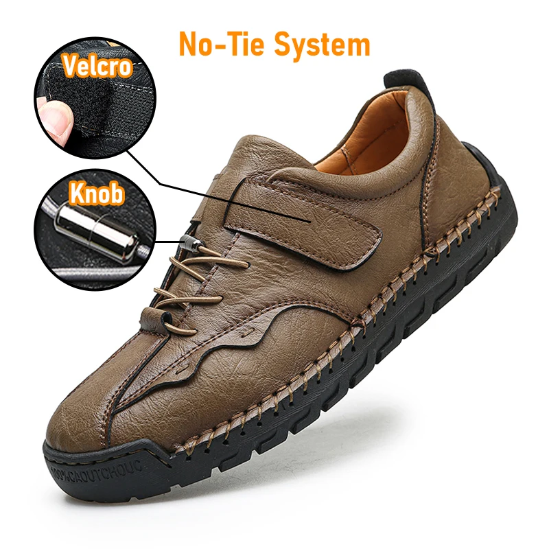 

Split Leather Casual Shoes For Men No-Tie System Man Shoes Anti-slip Outdoor Sneakers For Camping & Trekking Handmade Flats Shoe