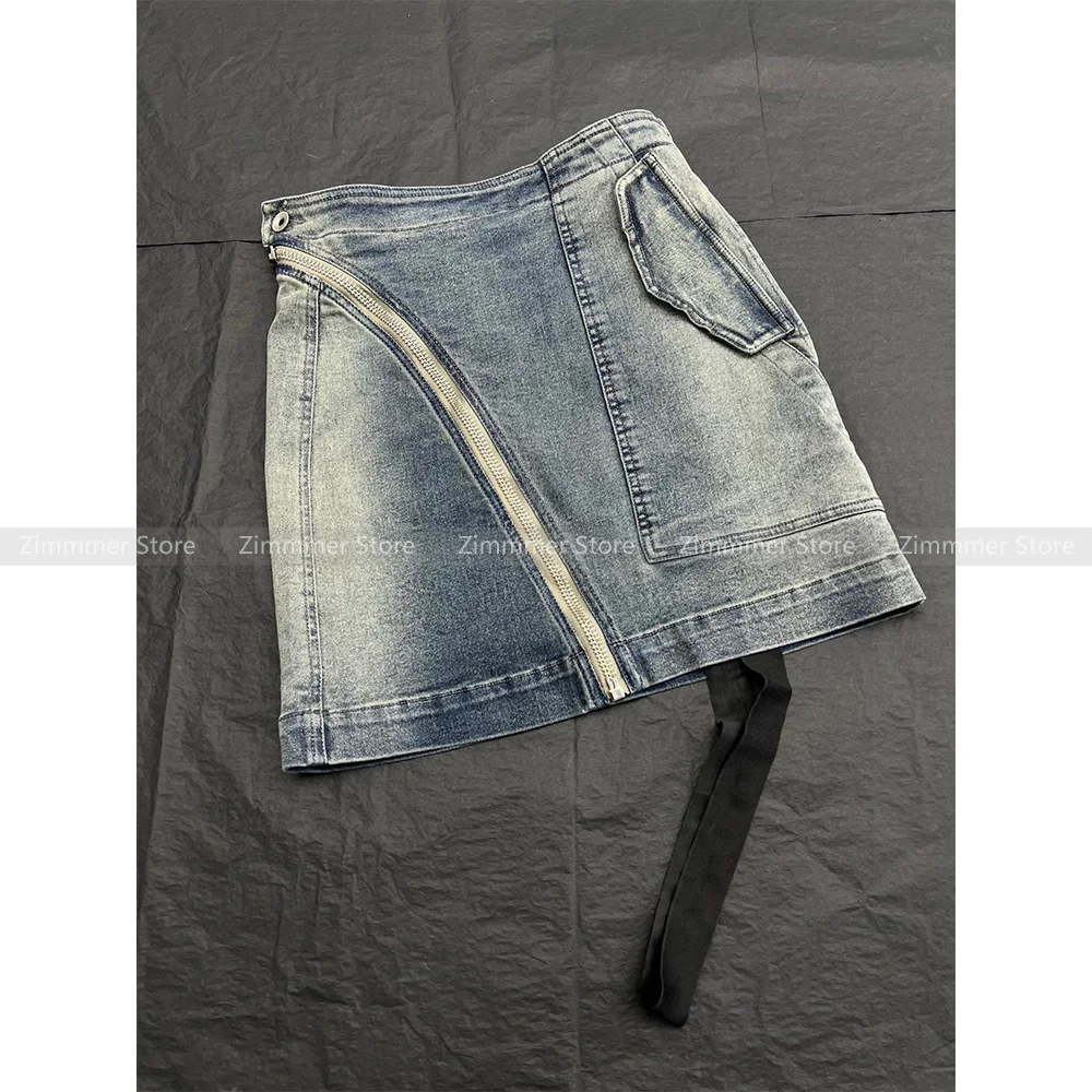 

High Quality! Niche 2024 summer new colour clashing draped curved zip flap pockets denim half-body skirt