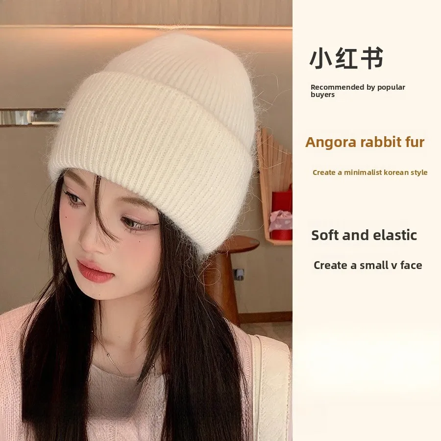 Hat Rabbit Fur Blended Soft Waxy Knitted Hat Small Face Solid Color Ear Protection Pullover Hat Korean Thermal Hat Tide