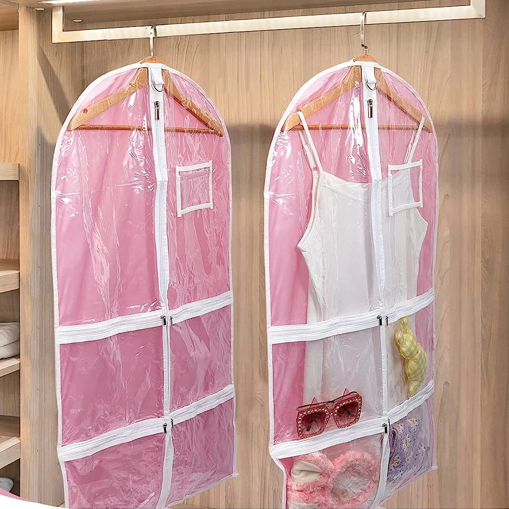 Pink Dance Dress Garment Bags for Dancers Clear Kids Hanging Dance Clothing Bag with Four Clear Pockets for Dance Competition