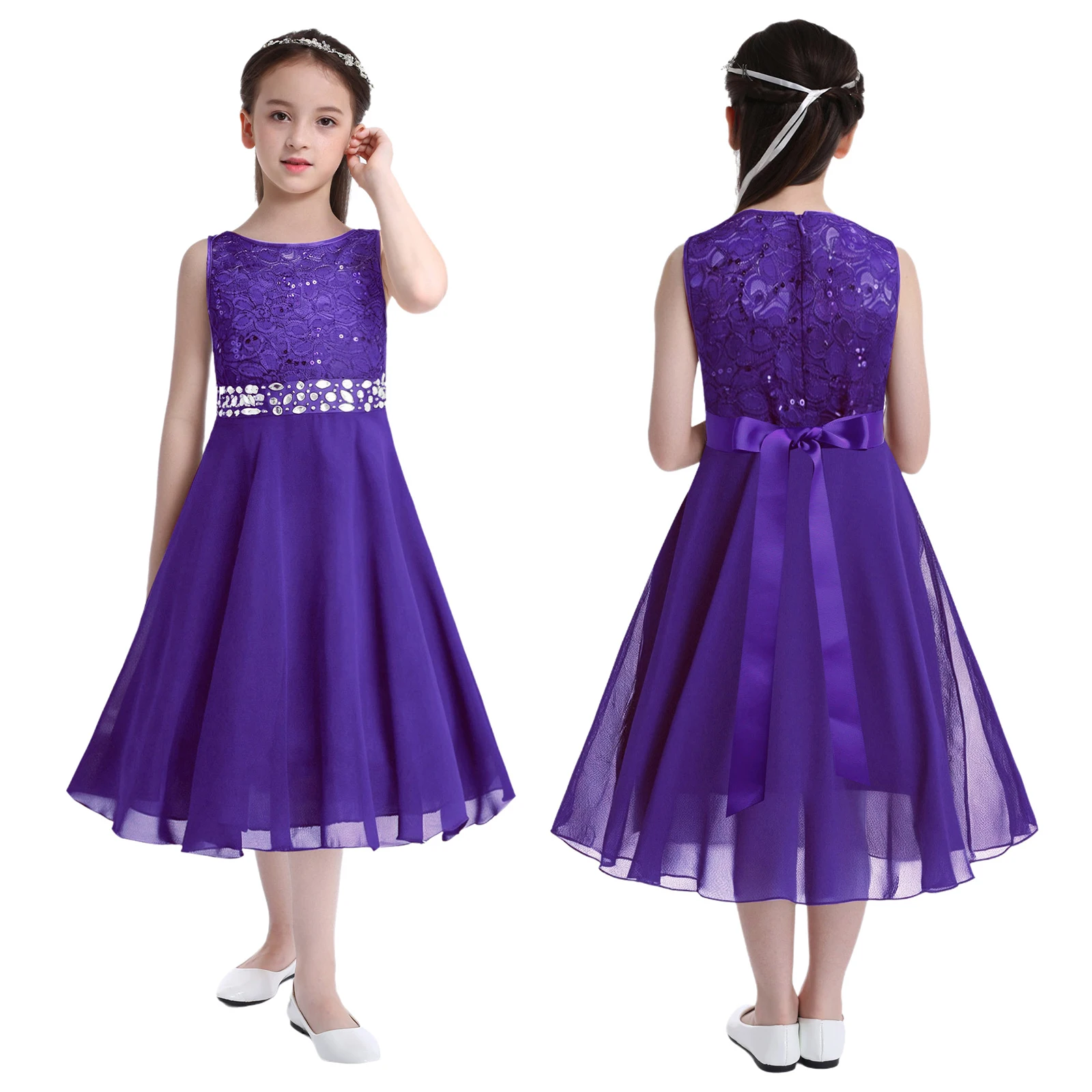 

Sequined Lace Chiffon Princess Dress Girls Sleeveless Flower Dress for Formal Activity Pageant Wedding Bridesmaid Birthday Party