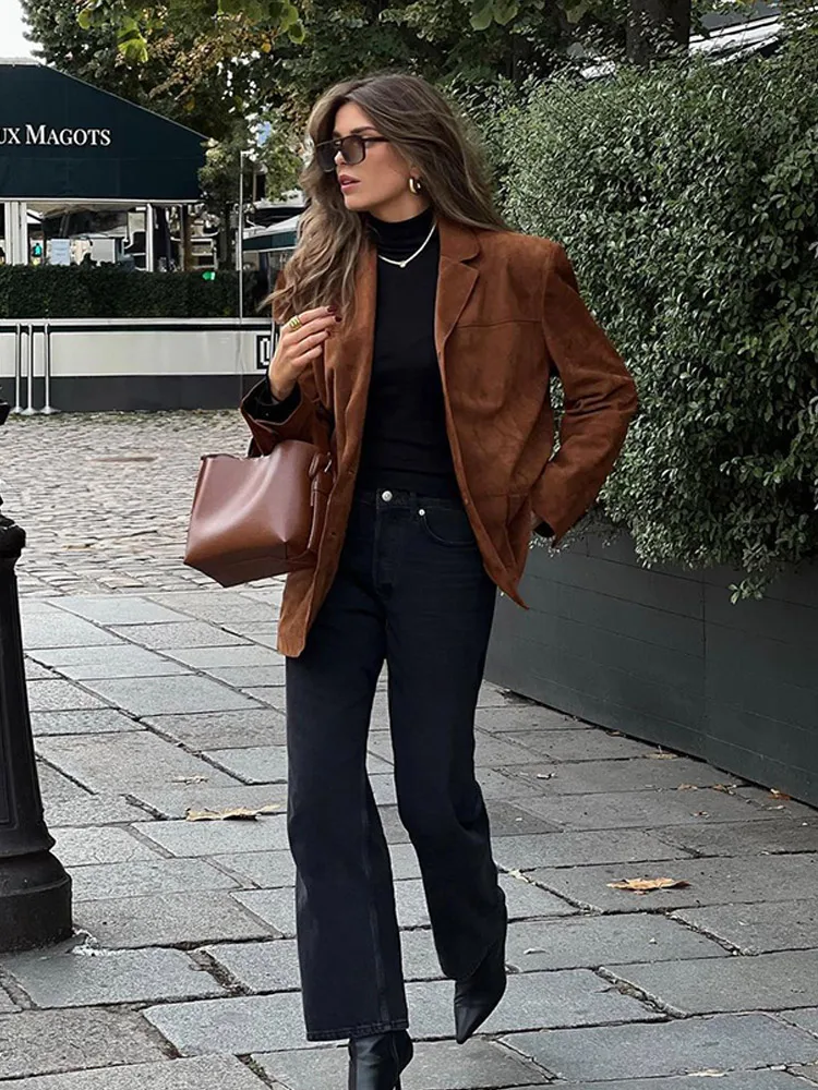 Retro Coffee Lapel Collar Single Breasted Suit Jacket Women Long Sleeved Shoulder Pads Coats Lady Office Commute Street Outwear