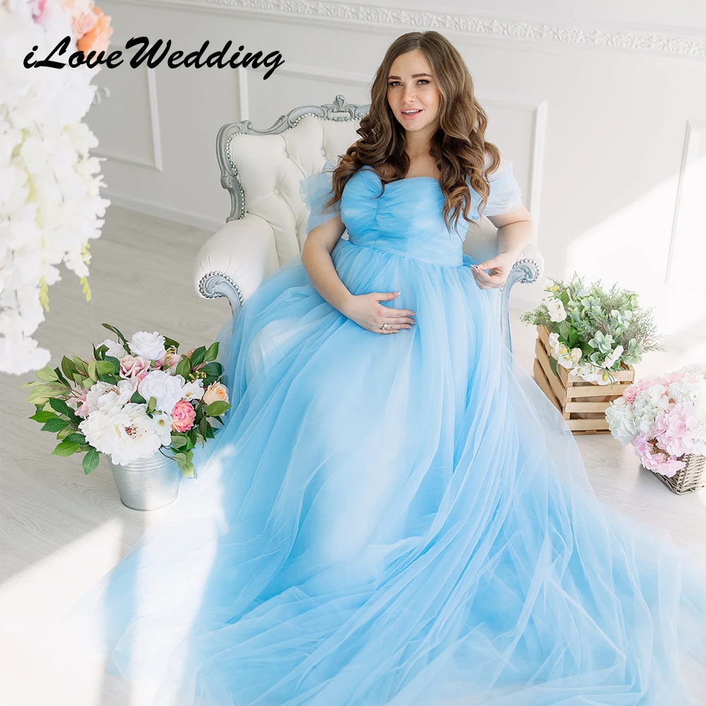 

ILoveWedding Blue Maternity Dress for Photography Simple Sweetheart Off Shoulder Pregnant Tulle Evening Gowns Women Baby Shower