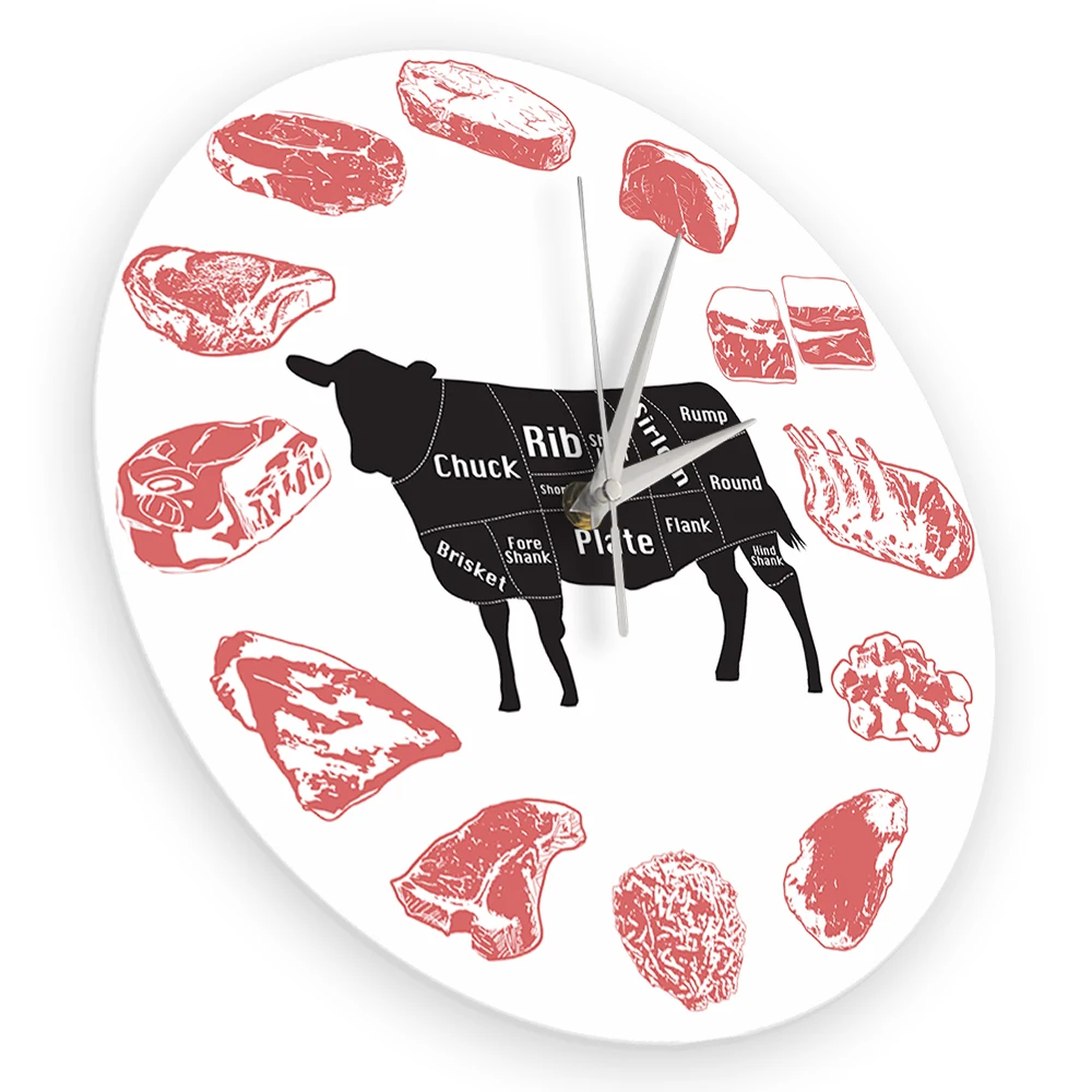 Angus Beef Chart Printed Wall Clock For Steak House Farmhouse Kitchen Butcher Diagram Cow Meat Cut Art Clock for Cooks Butchers