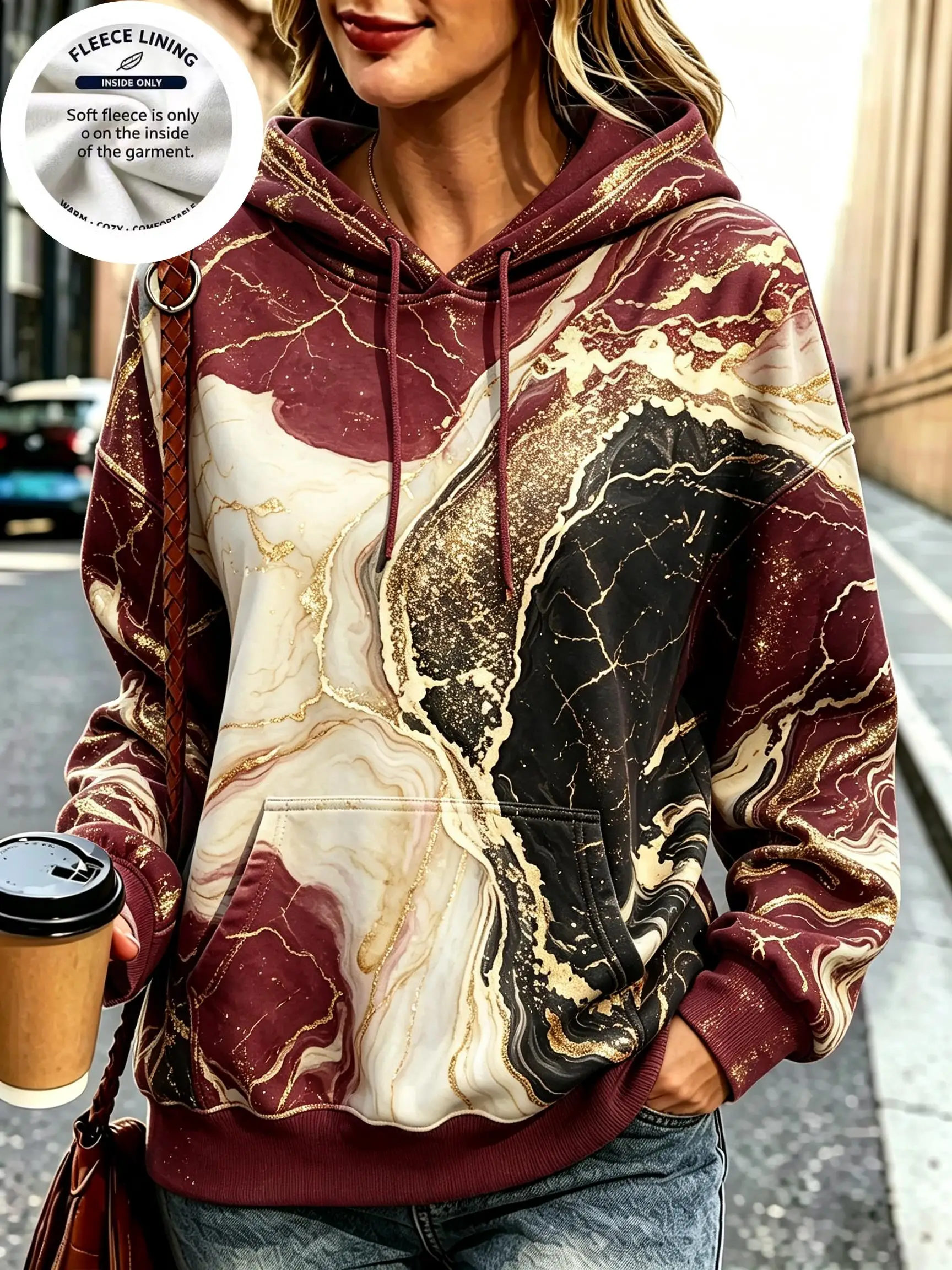 Women Fleece Hoodie, Gold Foil Marble Fluid Swirl Print Pullover, Abstract Art Casual Sweatshirt