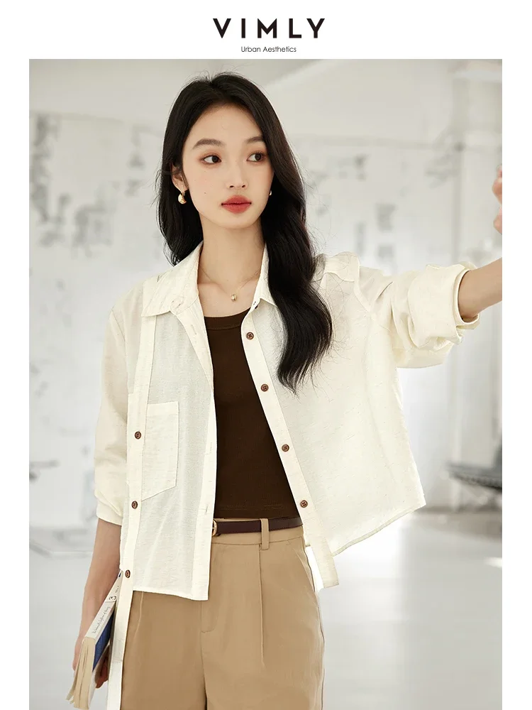 

VIMLY Women's Straight Short Cardigan T-Shirt Autumn Solid Simple Casual Split Apricot Long Sleeve Lapel Commuter Blouse Tops