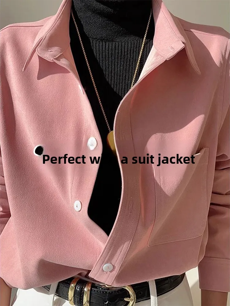 

Pink Flocking Women's Shirt Spring Autumn Vintage Slimming Base Layer Inner Wear Long Sleeve Button up Casual Korean Style