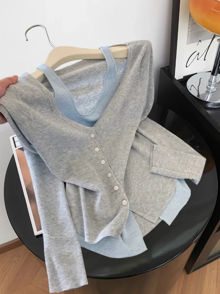 

Уникальный американский цветной вязаный свитер, женский облегающий осенний модный свитер V-Ne Long Sve, искусственный топ из двух предметов