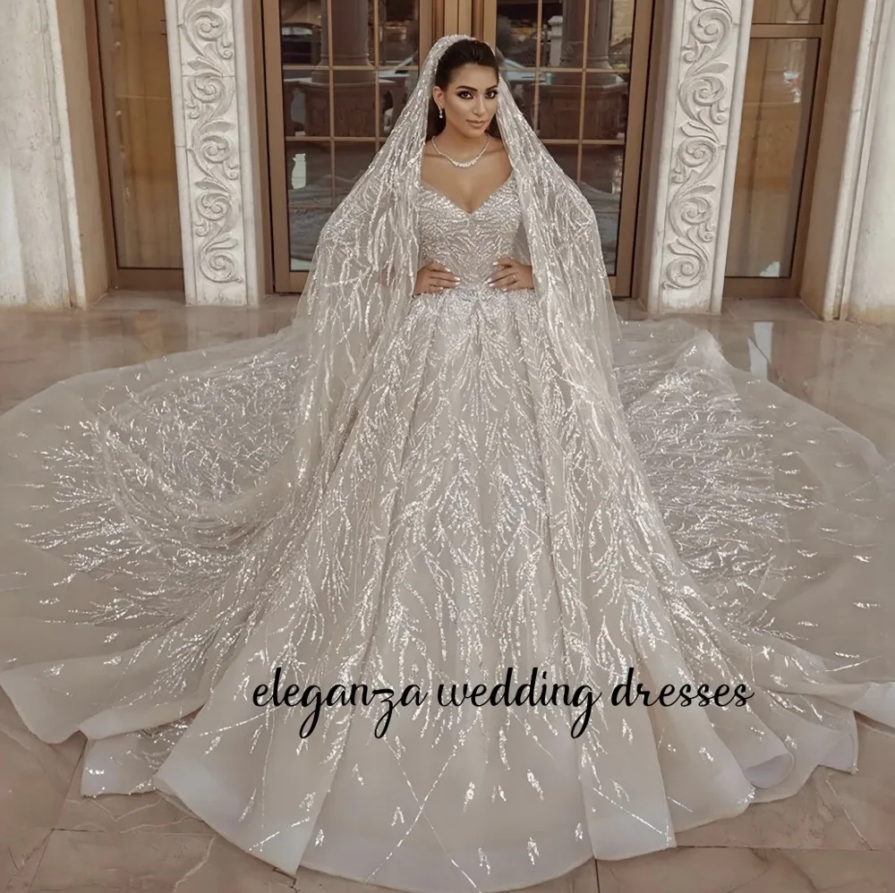 

Customized V-Neck Sparkly Sequined Ball Gown Wedding Dresses Dubai Arabian Long Sleeves Bridal Gowns Vestidos De Novia