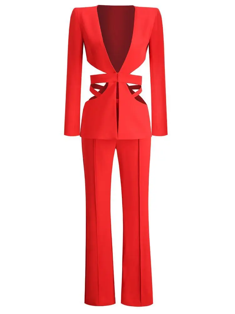 Women\'s Suit Baggy Pants Sets for Women 2 Pieces Autumn Long Sleeve Lapel Crop Blazers Jacket + Low Waist Hollow Out Trousers